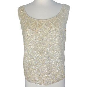 Vintage 50’s Ivory 100% Wool Sequin & Beaded Sleeveless Sweater Blouse Size 10 M